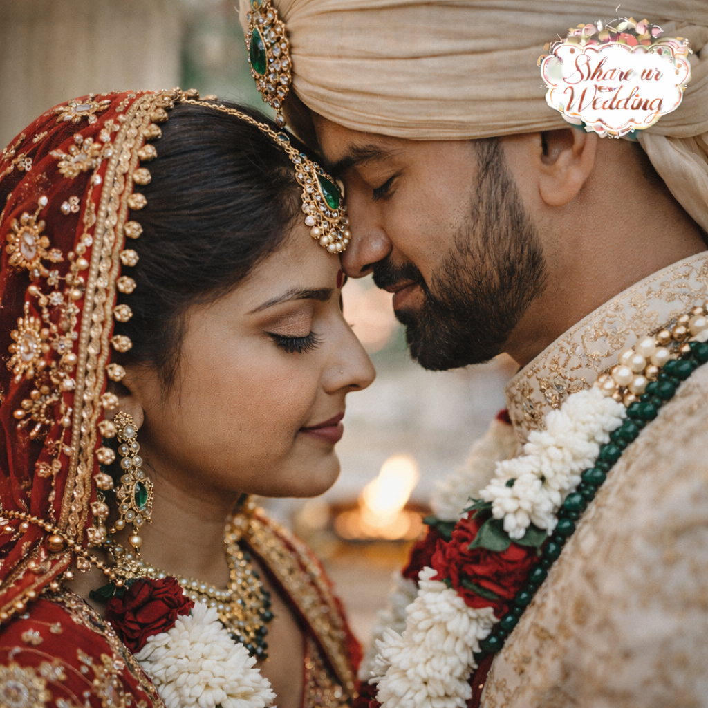 Indian wedding romantic forehead touch pose with bride and groom close-up emotional moment