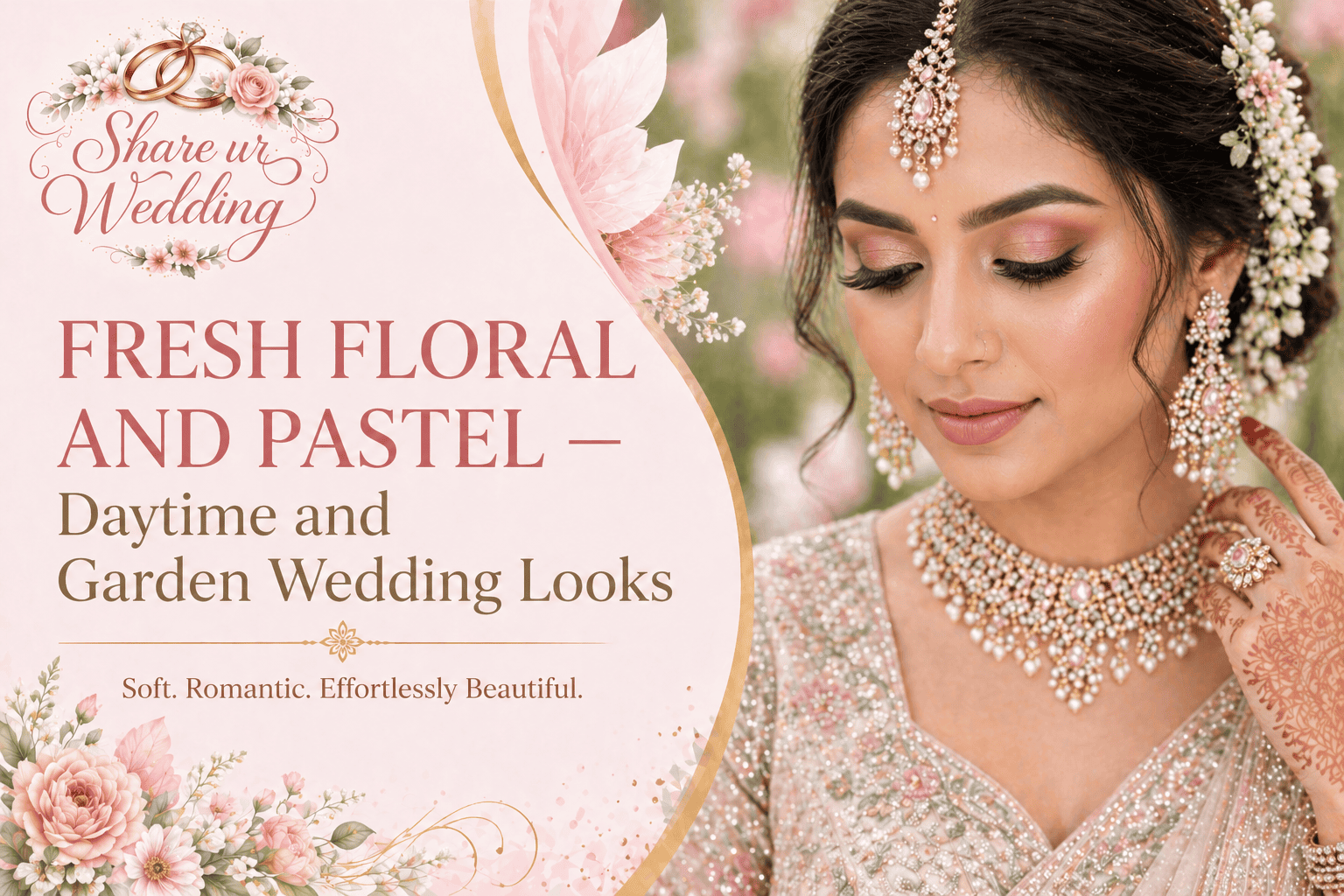 Pastel bridal makeup with fresh floral elements, soft pink tones and natural glow for daytime garden wedding
