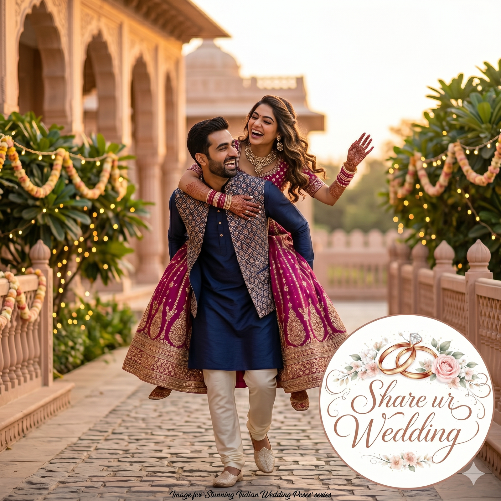 A happy Indian couple, the groom giving the bride a playful piggyback ride, laughing and smiling in a garden path at golden hour.