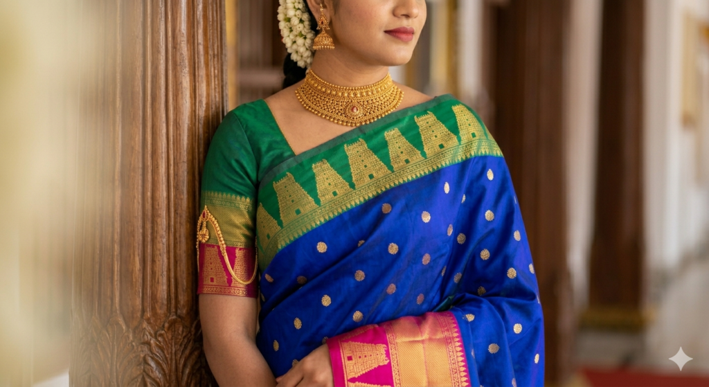 Standing bride in a deep royal blue Kanchipuram silk saree with a contrasting emerald green border on the bottom and a fuchsia pink border on top.