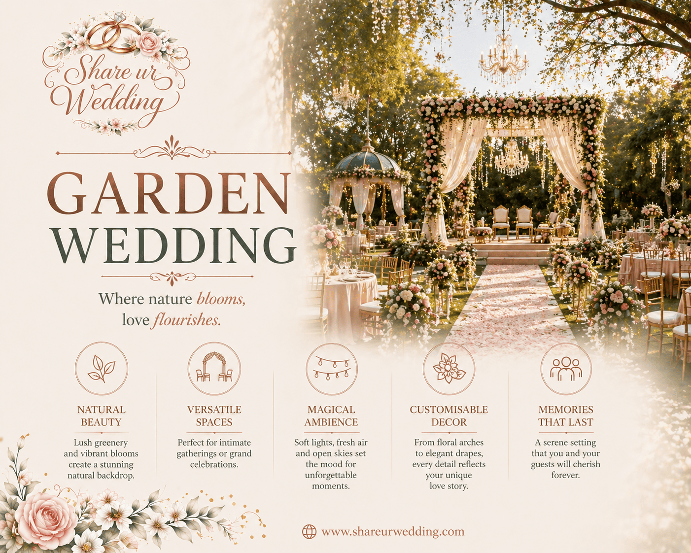 Beautiful outdoor garden wedding setup with floral decor, greenery, and a romantic ambiance for an elegant Indian wedding
