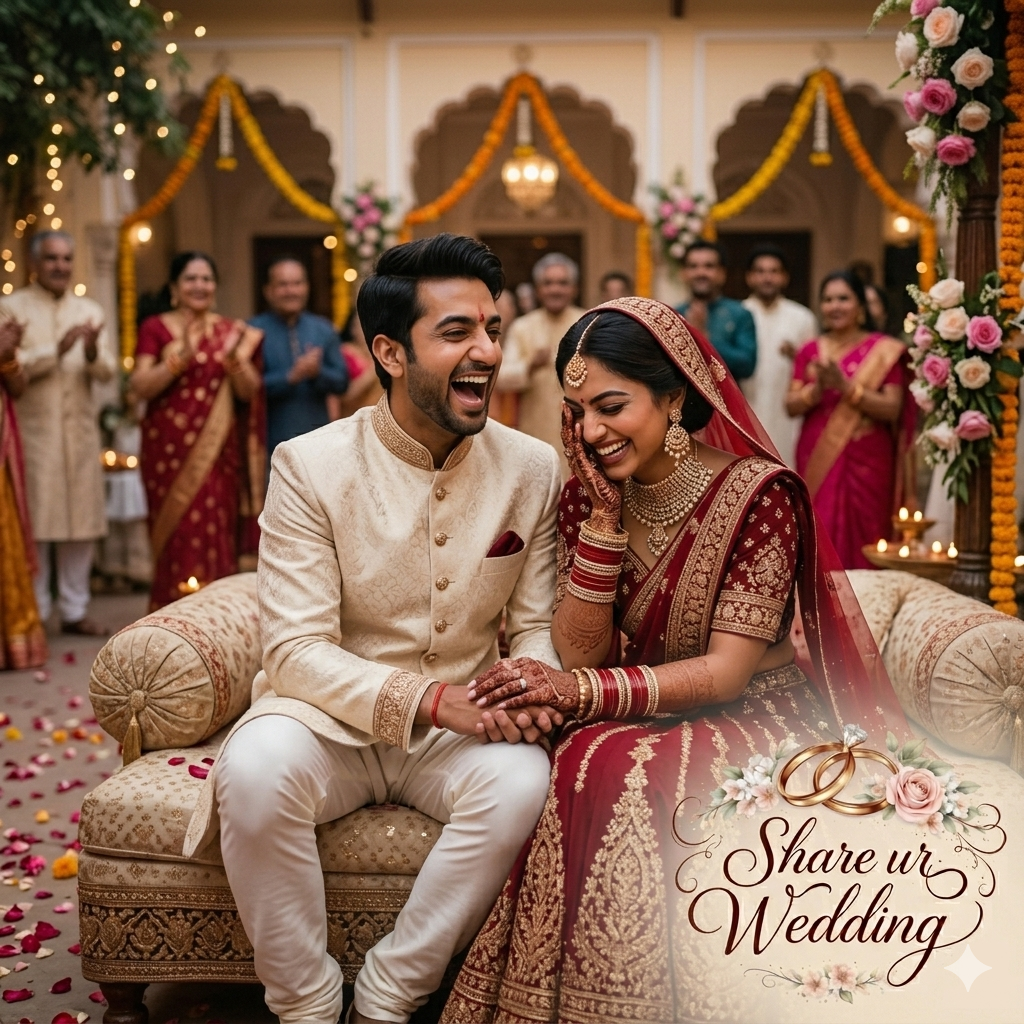 A vibrant, candid photograph of an Indian bride and groom, identical to the couple in image_1.png and image_3.png, caught in a single, uncontrolled moment of laughter. They are seated closely together on a textured, embroidered divan in a lively outdoor courtyard of a decorated traditional Indian haveli at dusk. The groom, in his detailed cream sherwani, has his head tilted back with widespread happiness. The bride, in her detailed red lehenga, is doubled over slightly, her face buried in her hand which is resting on her cheek, shoulder shaking with uninhibited joy. They are looking at each other, bathed in warm light from hidden fairy lights and marigold garlands with pink rose petals, matching image_0.png. Their hands are clasped together. In the bottom-right corner, the 'Share ur Wedding' logo is integrated.
