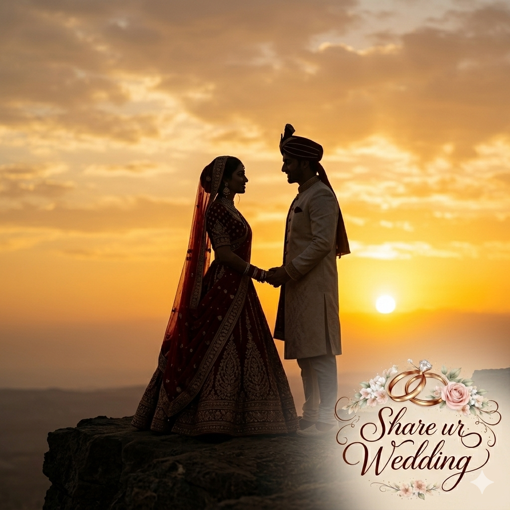 A high-resolution photo capturing the silhouette of an Indian couple, the same couple seen in image_1.png and image_3.png, standing hand-in-hand on a cliff edge at sunset. The bright golden, orange, and soft purple sky creates a dramatic backdrop, outlining the forms of the bride's detailed jewelry and the groom's pagri. The intricate embroidery of the bride's red lehenga is implied by the dark form. In the bottom-right corner is the 'Share ur Wedding' logo.