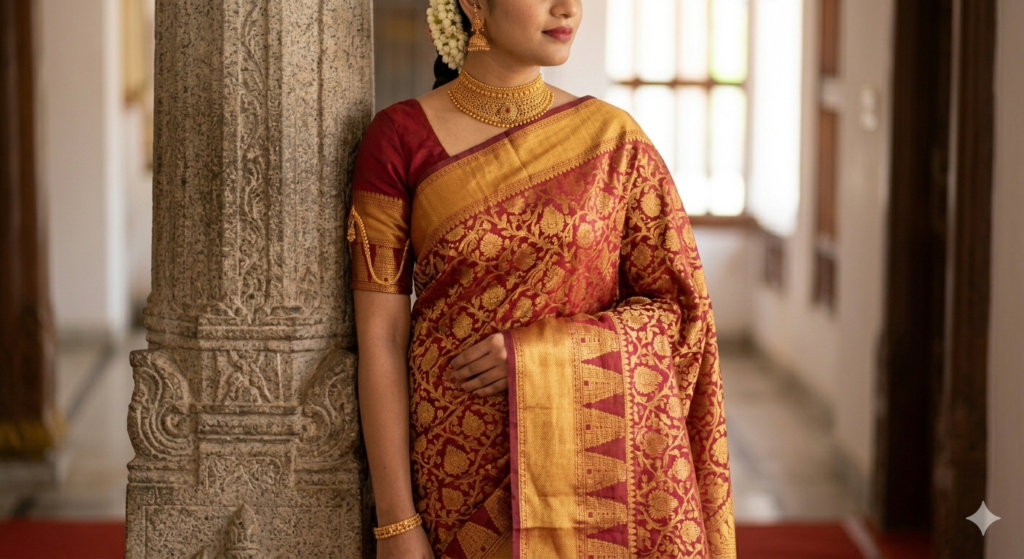 Standing bride in a heavy crimson Kanchipuram silk saree covered completely in a traditional all-over gold zari Jaal floral weave.