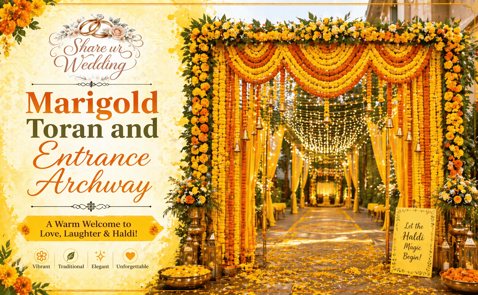 Marigold toran entrance archway decoration for Haldi ceremony with floral garlands, hanging bells, and string lights