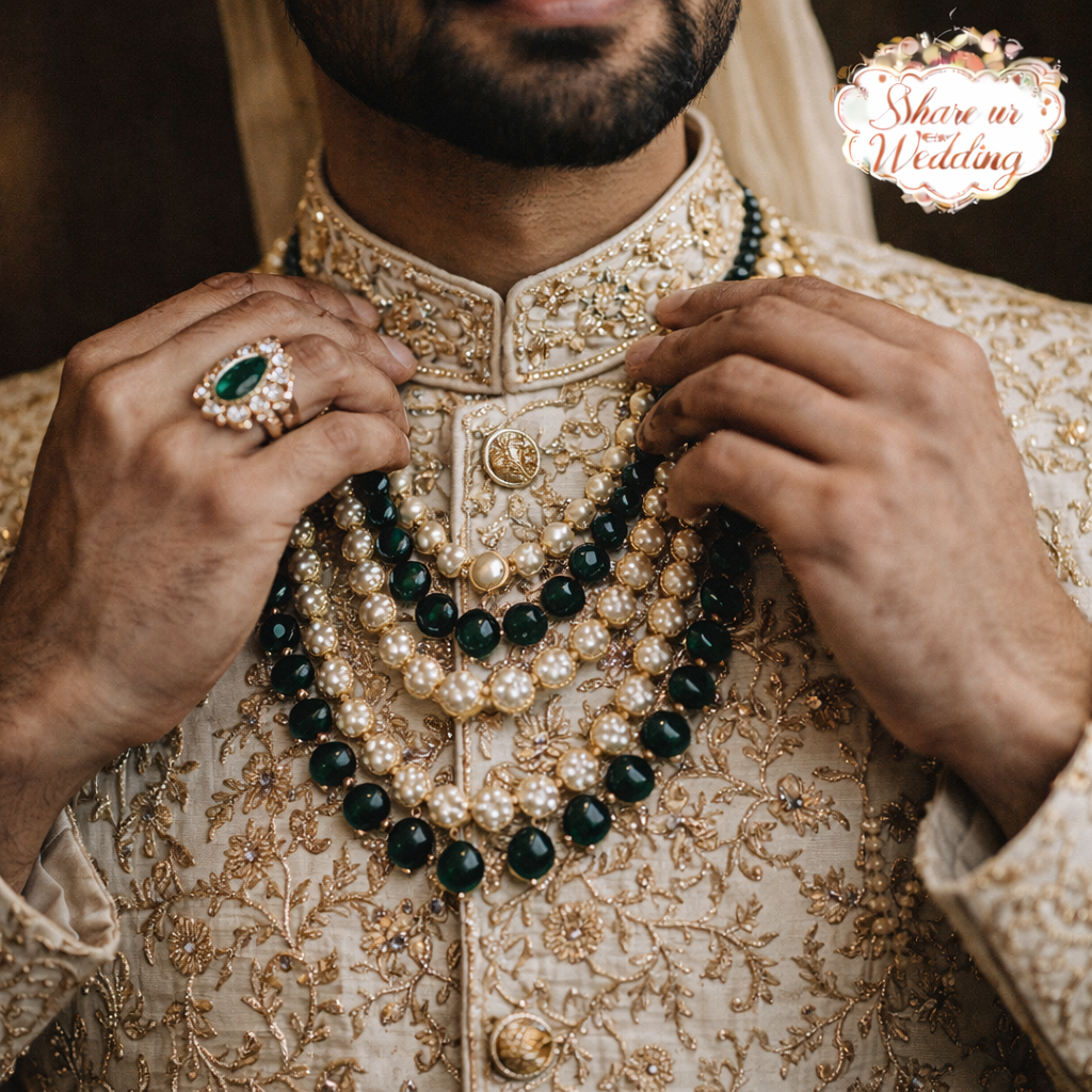 Indian groom detail shot adjusting necklace with embroidered sherwani and traditional wedding jewellery