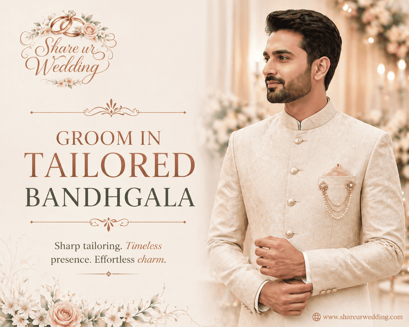 Indian groom wearing a tailored bandhgala suit with a modern fit, showcasing an elegant and royal wedding look