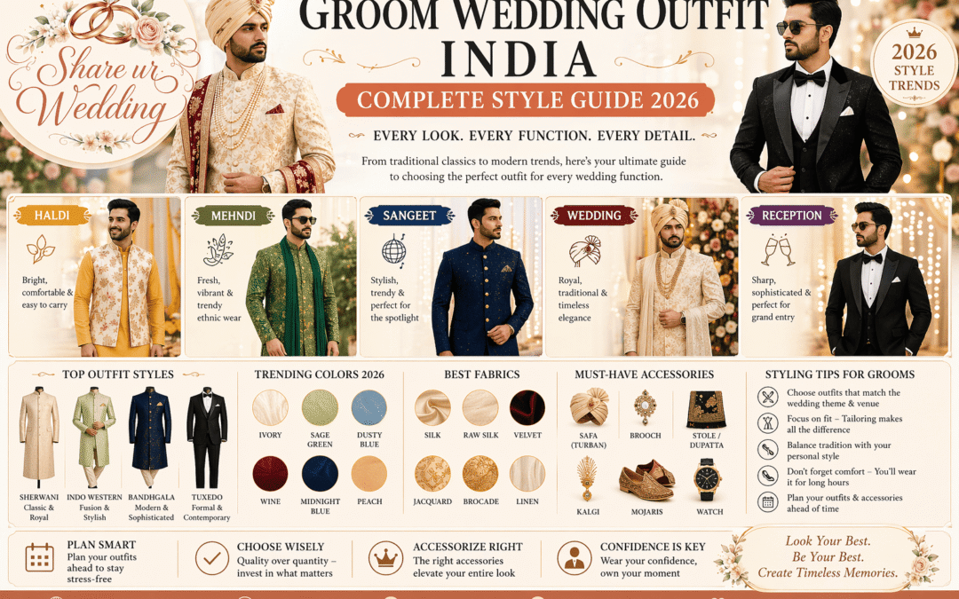 Groom wedding outfit India 2026 style guide infographic with sherwani, tuxedo, and indo-western looks featuring Share ur Wedding logo