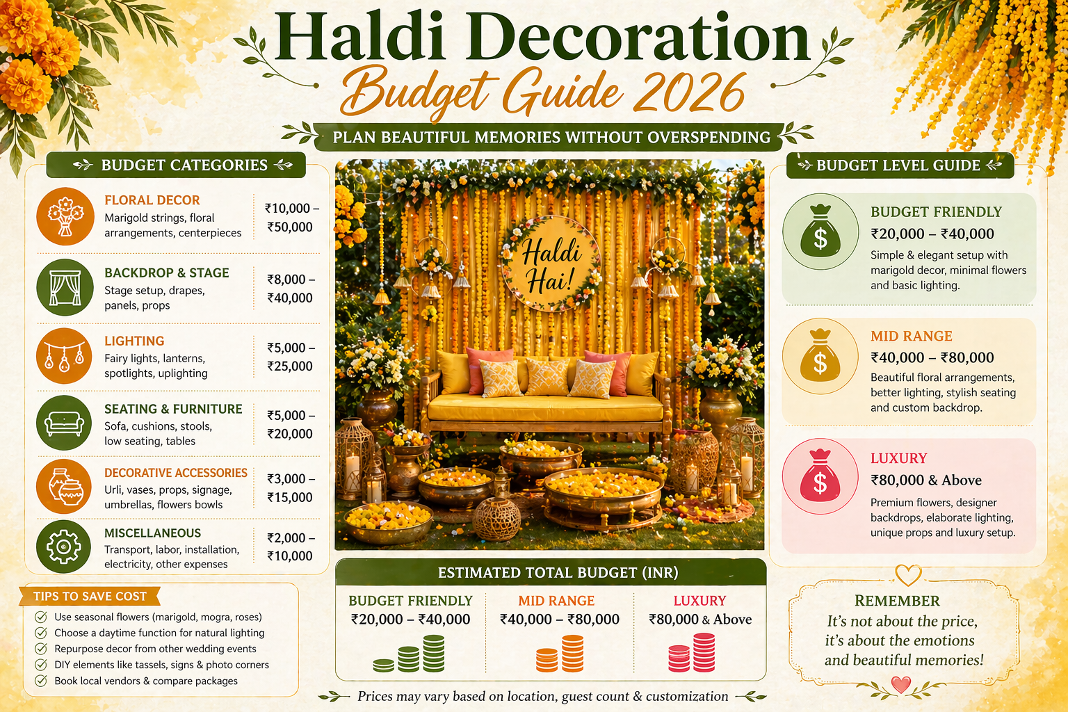 Haldi decoration budget guide 2026 thumbnail with cost breakdown, marigold decor, and wedding setup ideas