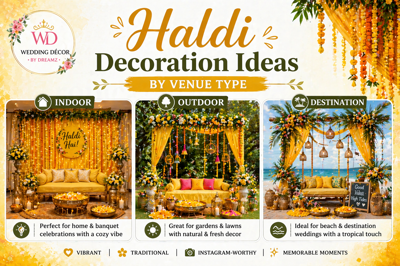 Haldi decoration ideas by venue type including indoor, outdoor, and destination wedding setups with floral and yellow decor