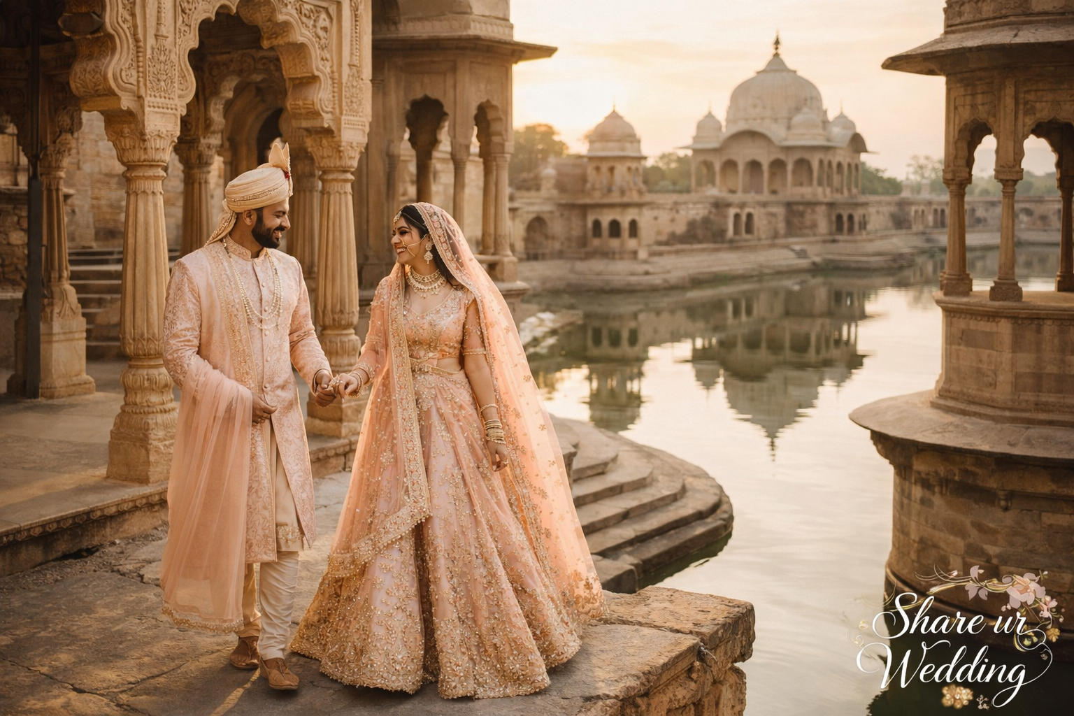 Indian pre wedding shoot at heritage location with bride and groom exploring historic architecture in traditional outfits