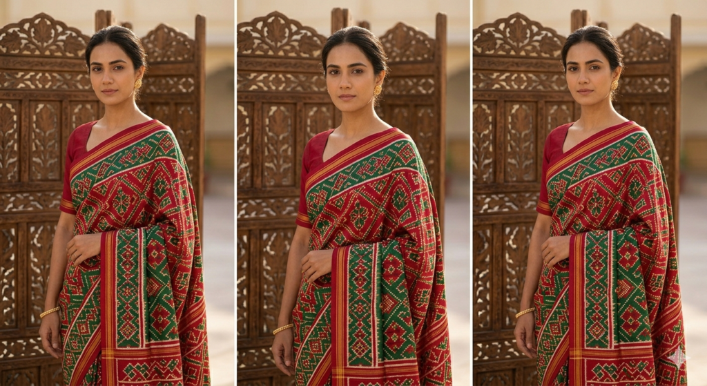 Standing bride wearing an authentic crimson, emerald, and gold Patan Patola double ikkat silk saree with traditional geometric animal and bird motifs, identical on both sides.