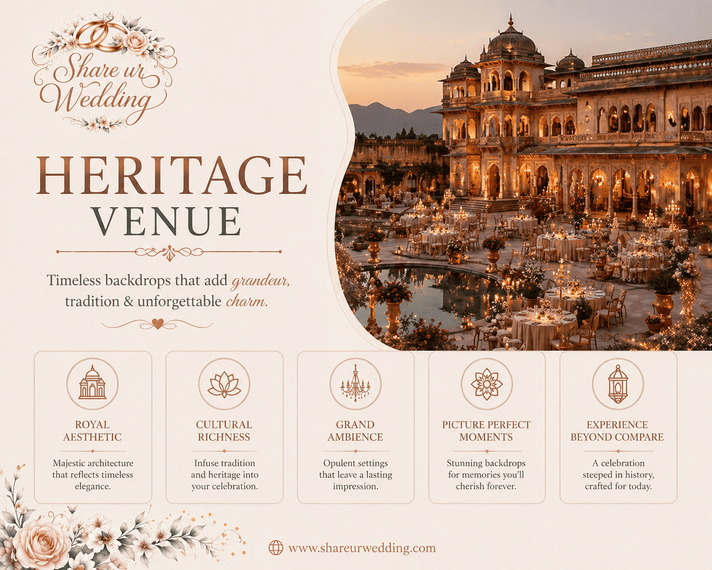 Grand heritage wedding venue in India with palace architecture, showcasing a luxurious and royal wedding setup