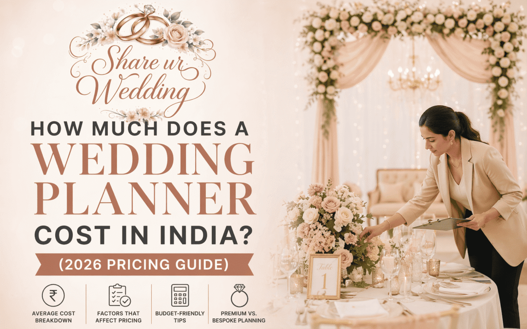 Elegant wedding planner arranging floral table setup with “How Much Does a Wedding Planner Cost in India (2026 Pricing Guide)” text and Share ur Wedding logo