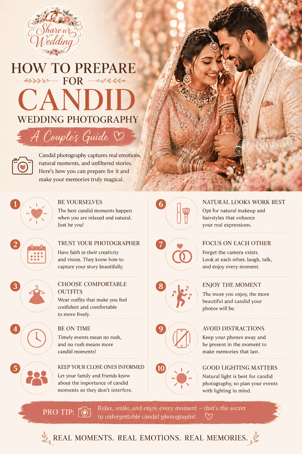 Candid wedding photography preparation guide for couples showing Indian bride and groom with tips for natural poses, emotions, and perfect wedding moments