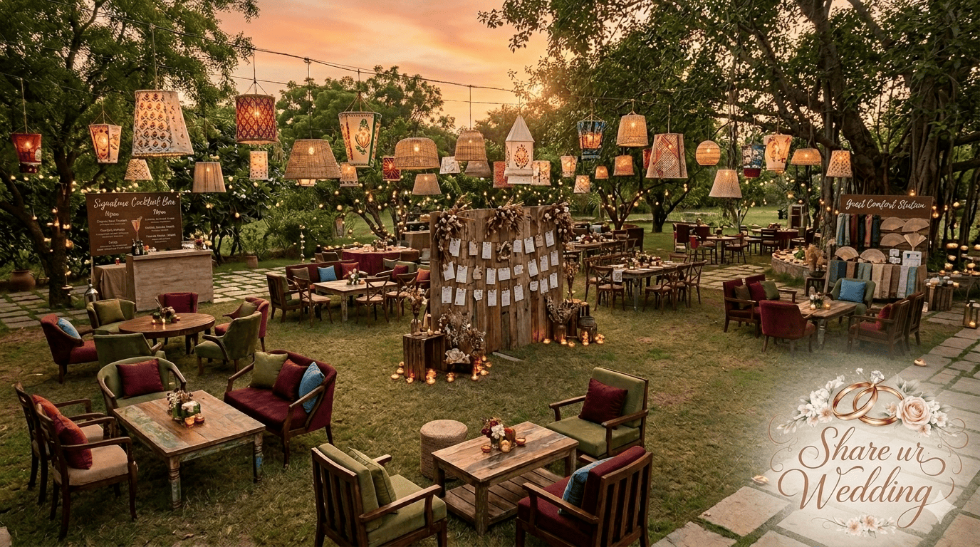 An intimate Chittoor garden wedding reception at sunset designed with specific zones prioritizing guest experience, including comfort stations and interactive cocktail bars.
