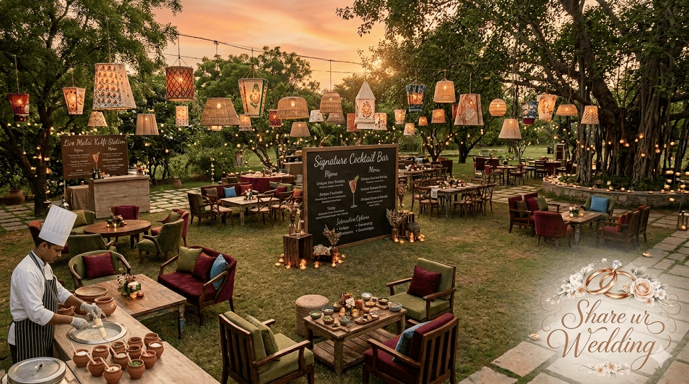 An intimate Chittoor garden wedding reception at sunset with interactive live food stations, personalized clay pot food presentation, and bespoke cocktail bars prioritizing guest experience.
