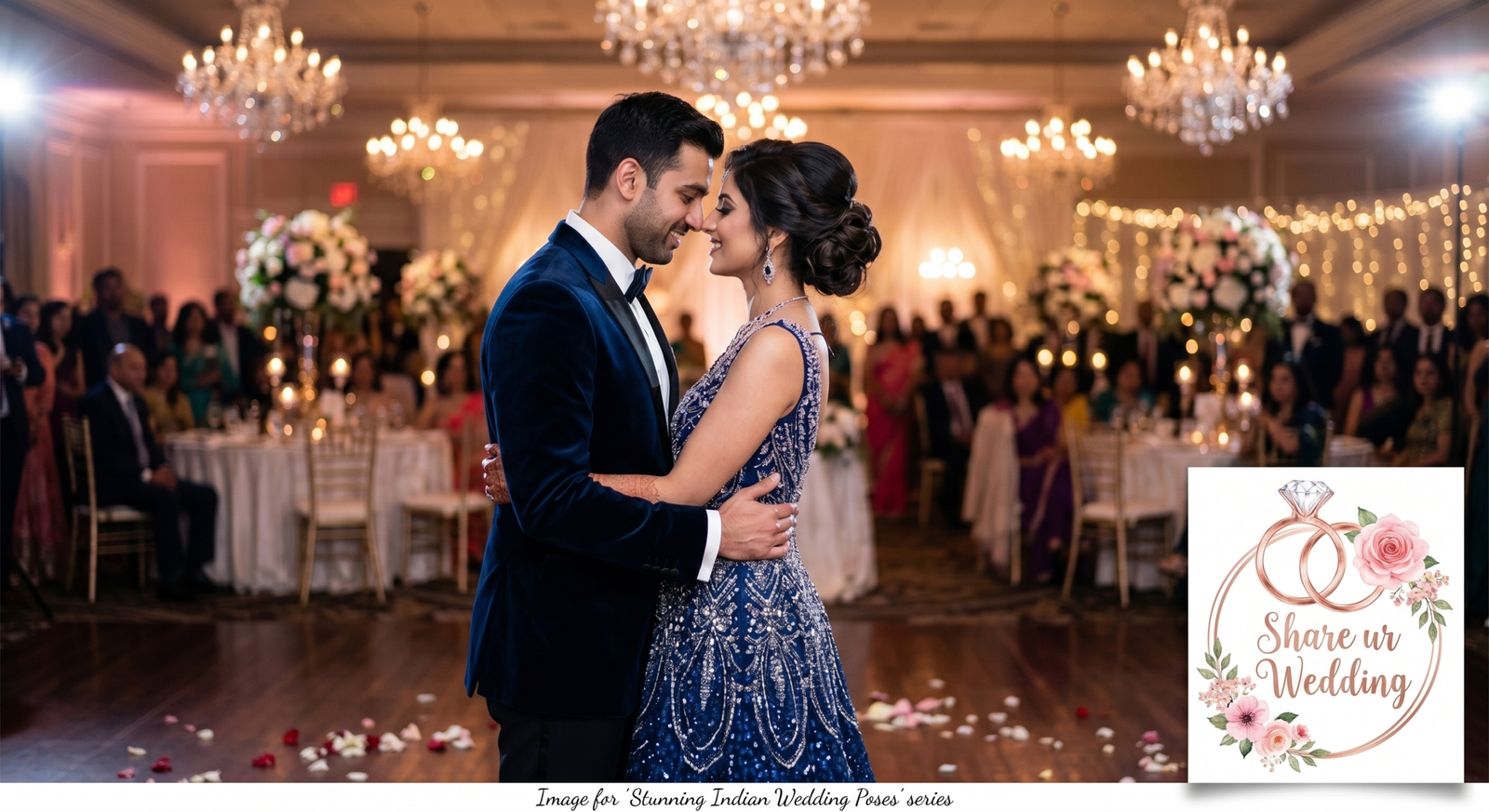 A close-up, intimate portrait of an Indian couple in modern reception attire—a tailored midnight-blue velvet suit and a heavily embellished deep sapphire gown—dancing their first dance in a grand, warmly lit ballroom in India. Features the "Share ur Wedding" logo badge.