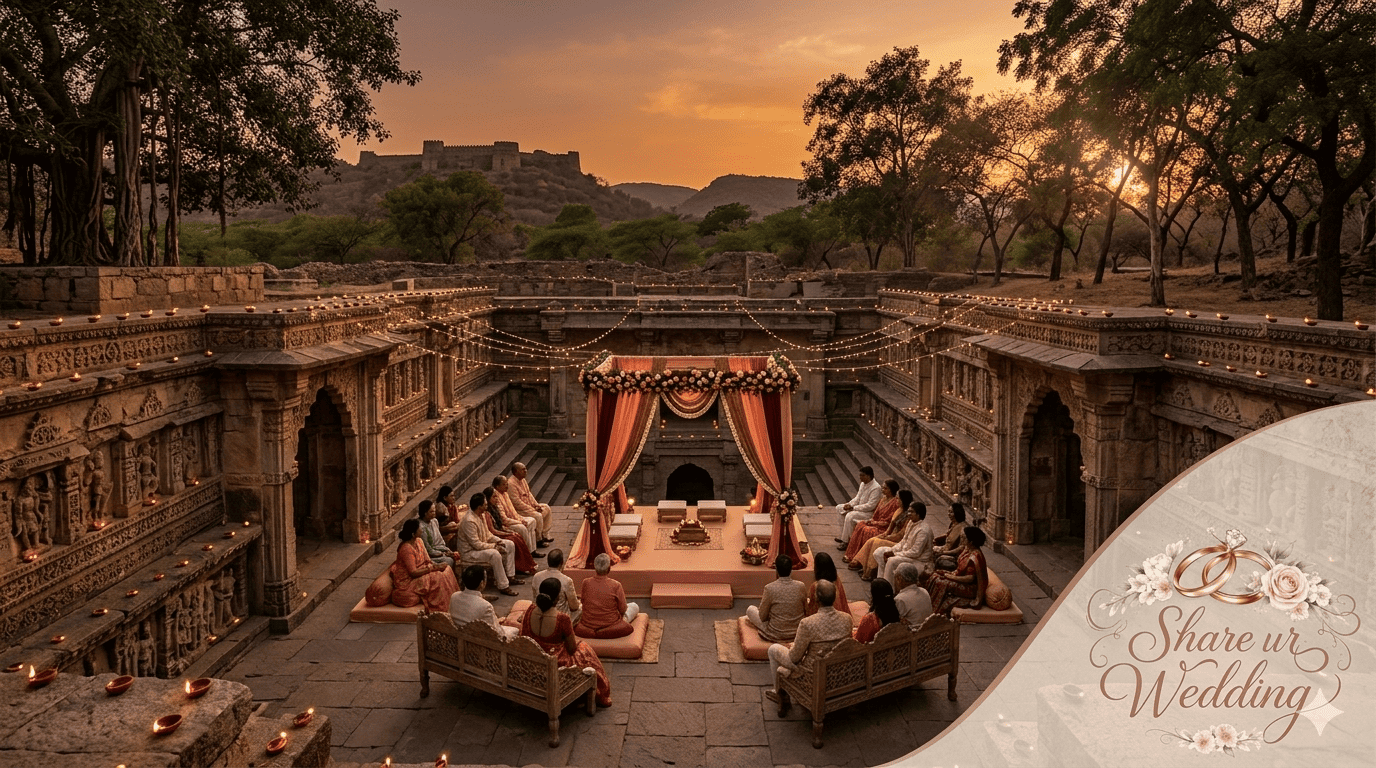 An intimate candlelit micro-wedding ceremony at a historic Indian stepwell heritage site during sunset with a minimal floral mandap.