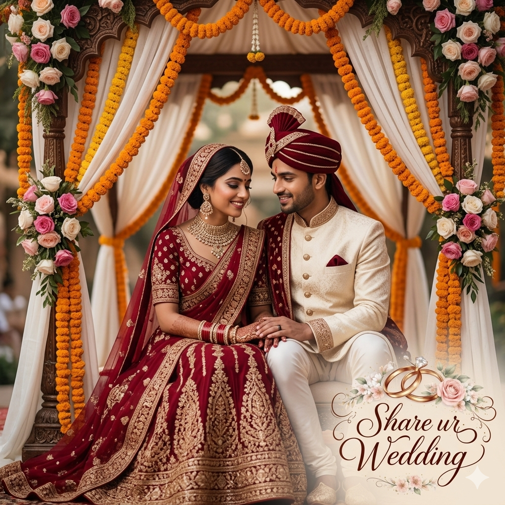 A high-definition, professionally styled portrait of an Indian couple seated inside a traditional flower-decorated Mandap. The bride wears a deep red lehenga and the groom a royal sherwani. They are smiling softly and looking at each other, creating a serene, intimate moment. The background features marigold and rose garlands. In the corner is the "Share ur Wedding" logo.