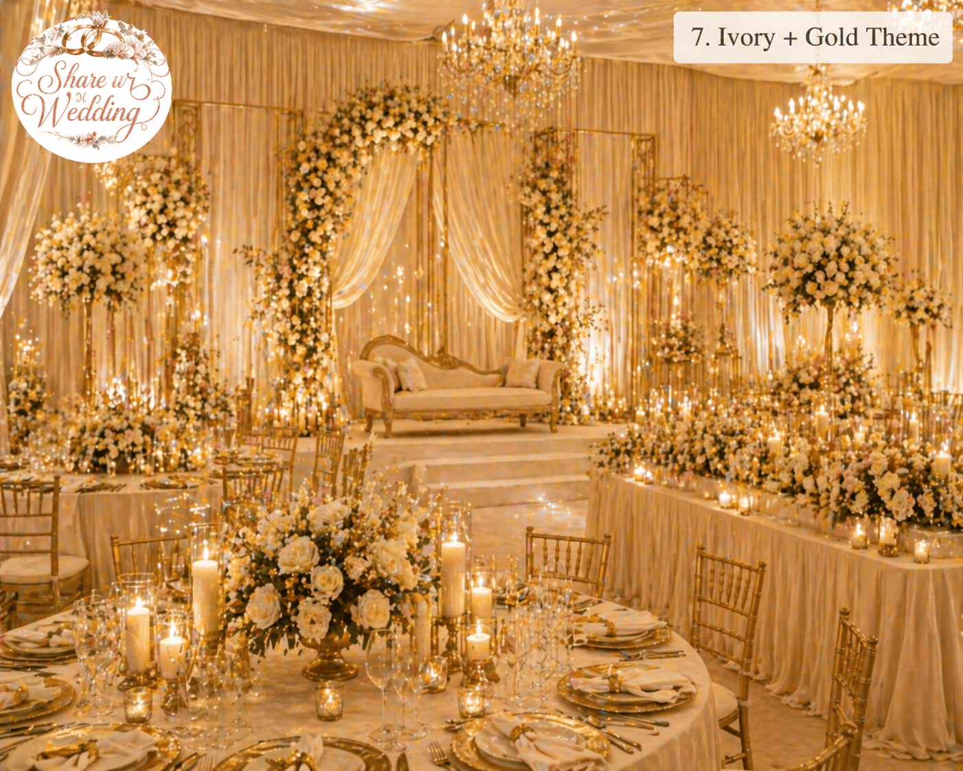 ivory and gold wedding decor theme with elegant mandap, floral arrangements, and luxurious lighting for Indian wedding 2026