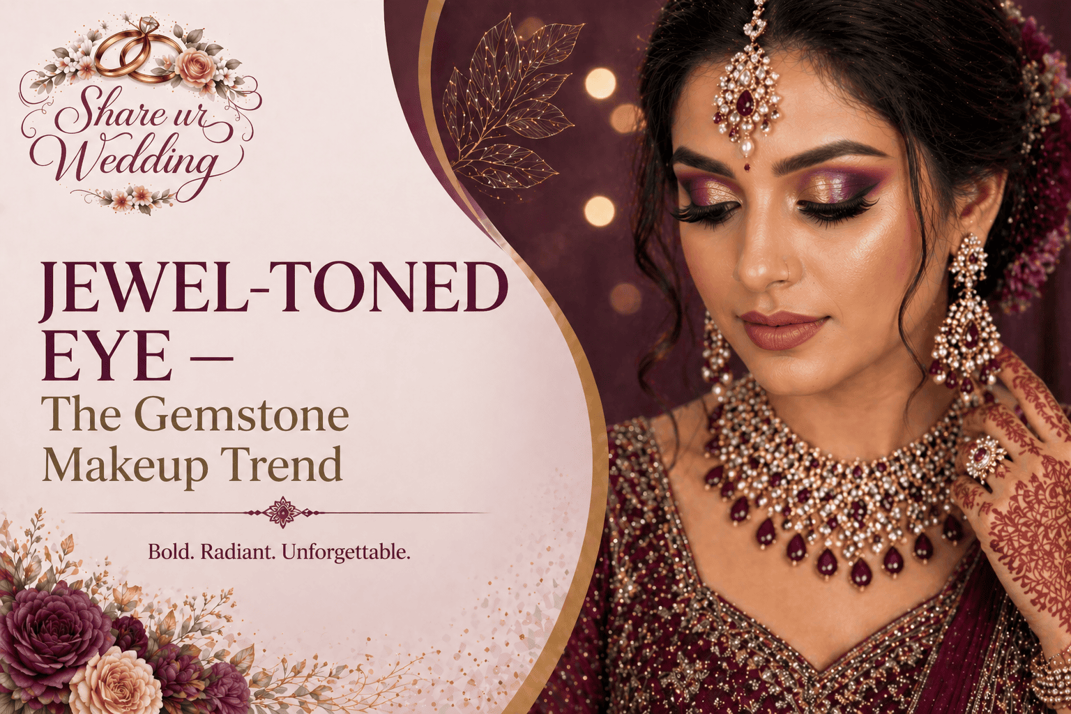 Jewel toned bridal eye makeup with emerald sapphire shades and glowing skin for Indian wedding look