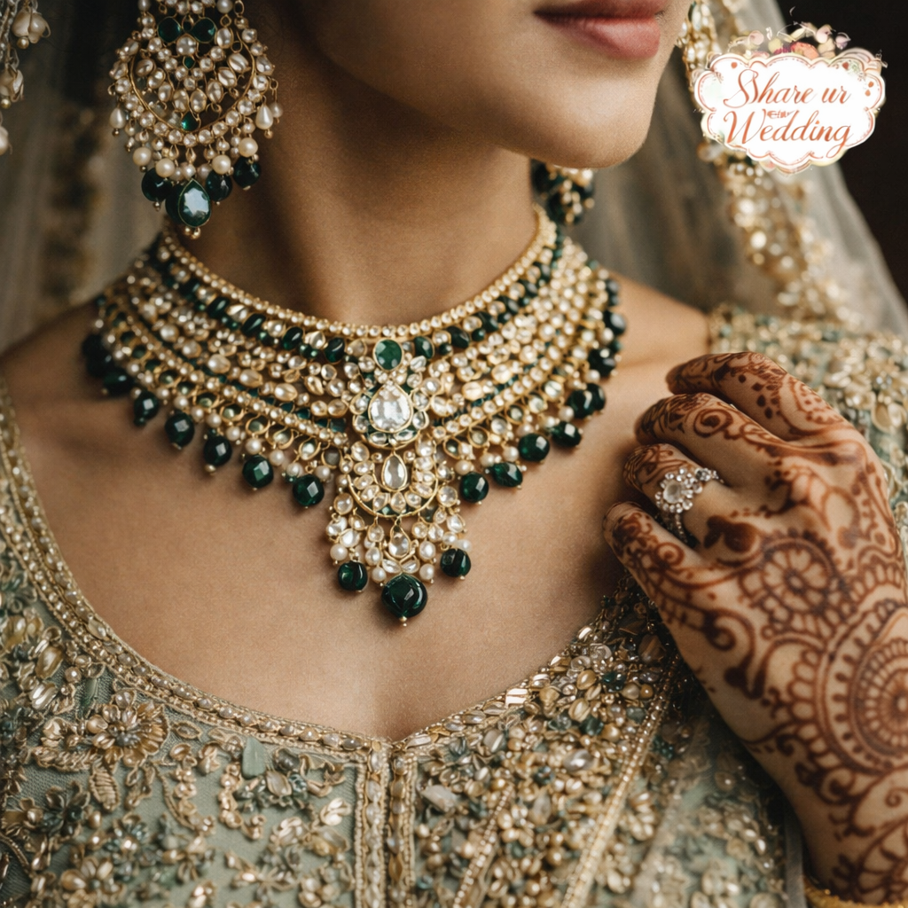 Indian bridal jewellery close-up portrait with gold necklace, emerald stones, and mehndi hand detail