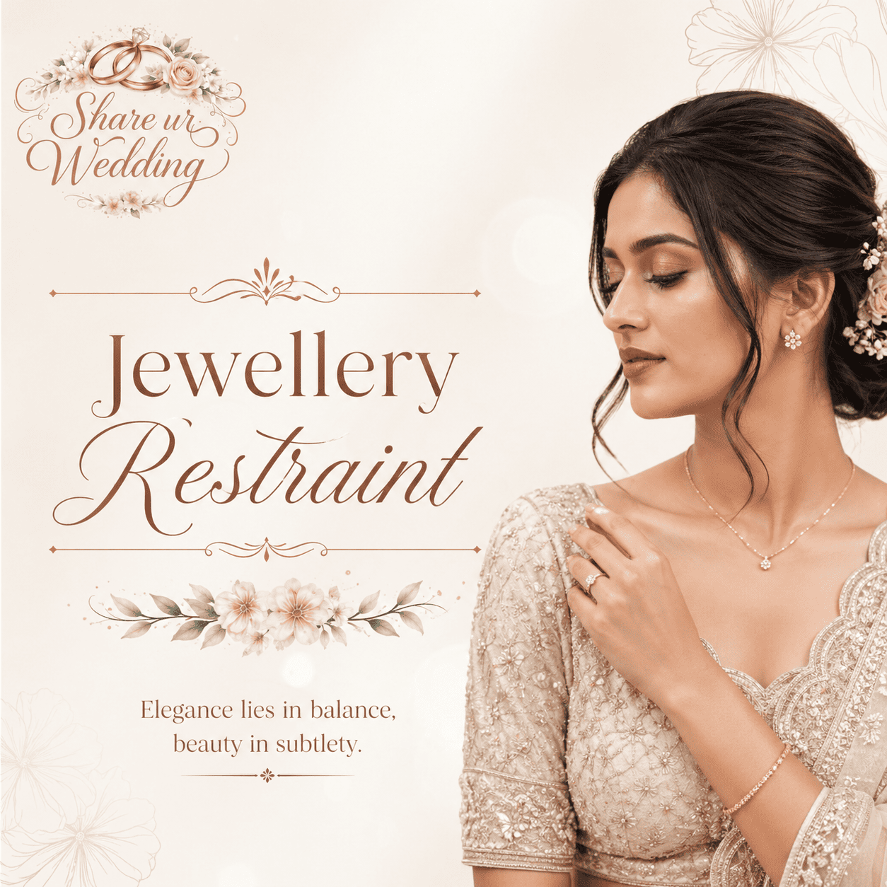 Elegant Indian bride wearing minimal jewellery with a modern lehenga, showcasing a classy and understated wedding look