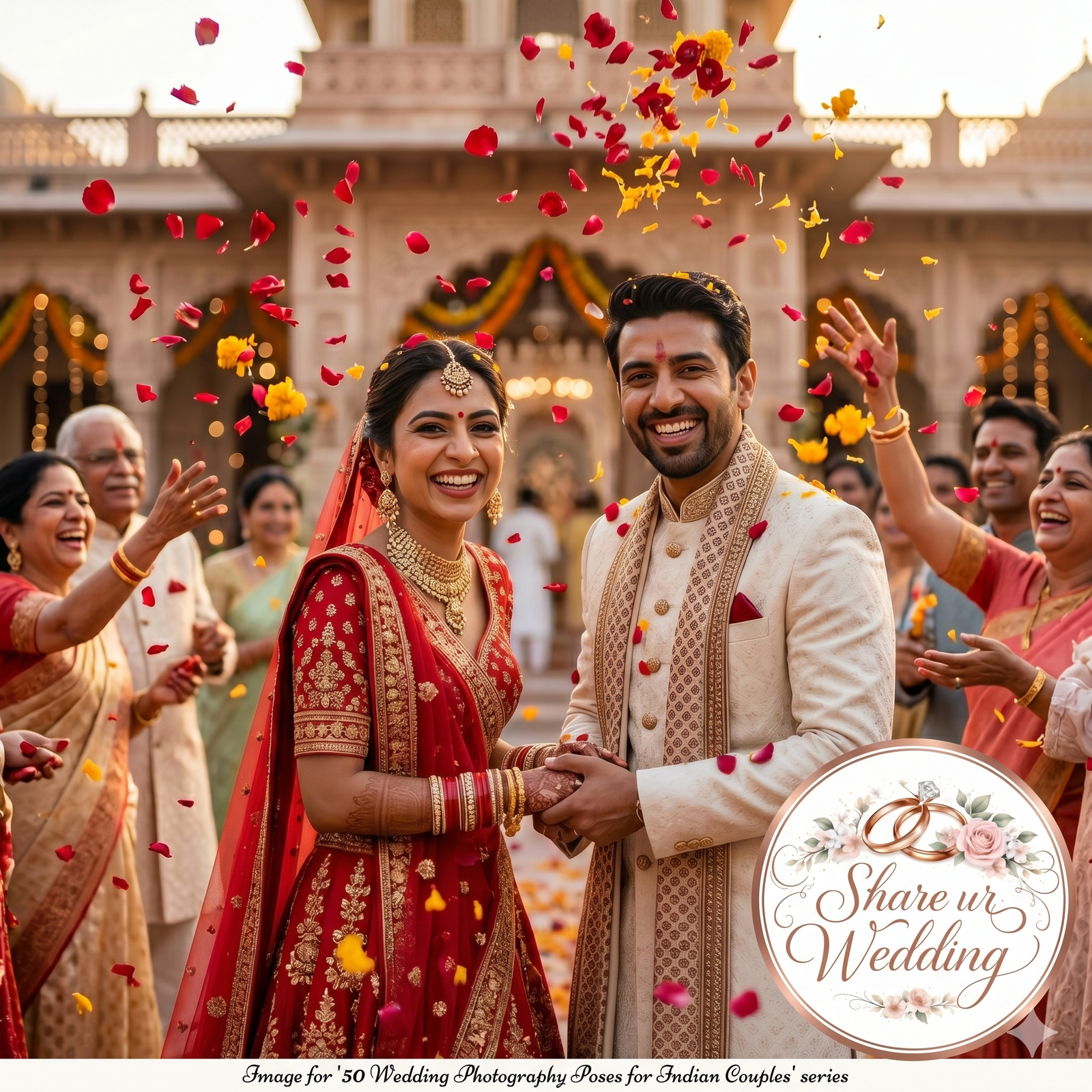 A high-quality photo of a joyful Indian bride and groom, both in traditional attire, holding hands and looking directly into the camera lens with wide smiles. They are in a palace courtyard with flower petals falling.