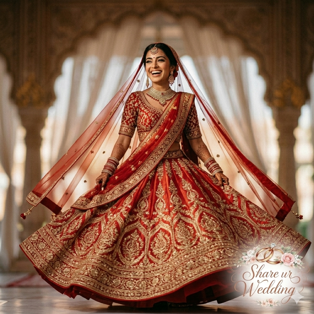 A candid photograph of a happy Indian bride in a traditional red and gold lehenga, laughing and captured mid-twirl. She is holding her skirt out, and her jewelry and mehendi are in motion. The setting is a palace-style mandap.