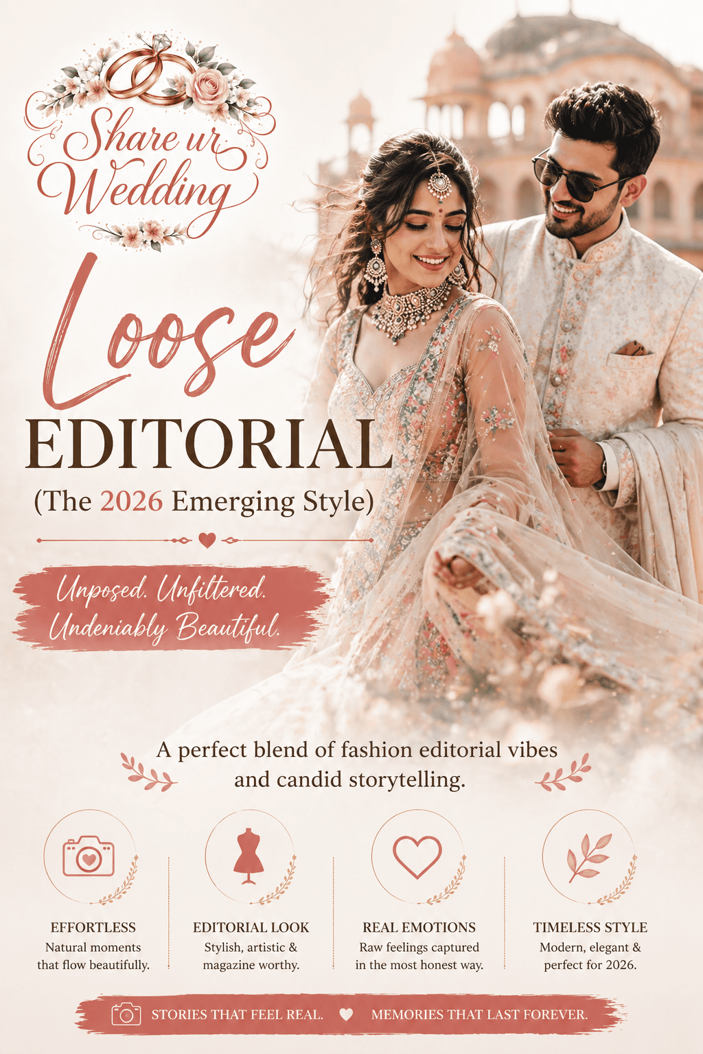 Loose editorial wedding photography of Indian bride and groom capturing stylish, natural, and unposed moments with a modern fashion-inspired aesthetic