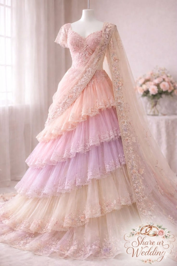 A close-up photograph of a mannequin wearing an elaborate pastel bridal lehenga. The garment features a heavily embroidered sweetheart bodice with short lace sleeves and a dramatic, voluminous tiered skirt made of ruffled tulle in a soft ombre pattern that transitions from peach to pink and lavender. A sheer, beige dupatta draped over one shoulder is adorned with matching floral embroidery. The setting is a soft-lit room with a large window and a vase of roses.