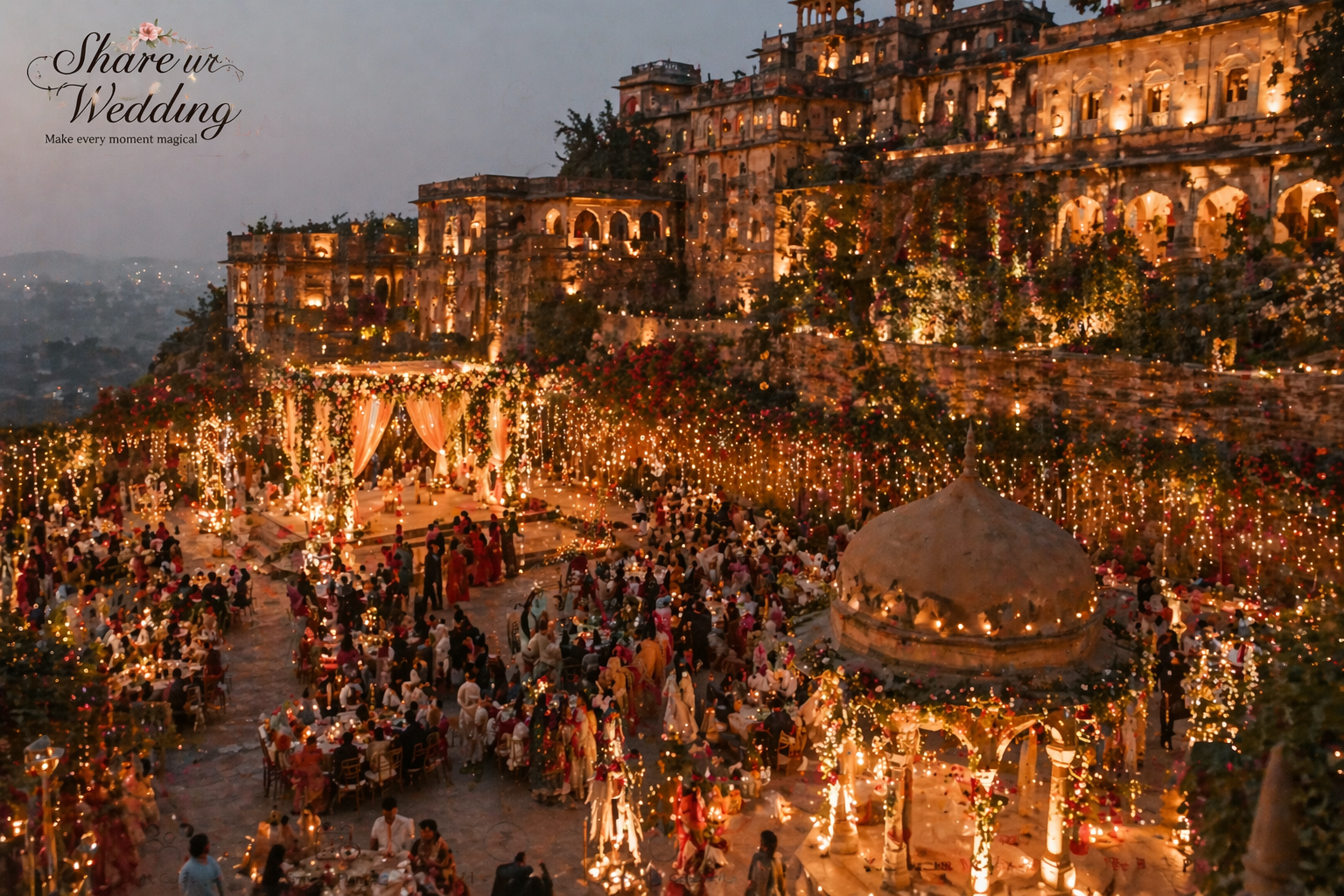 Luxury destination wedding at a Rajasthani fort with candlelight decor, floral mandap, fairy lights, and guests in traditional attire at sunset