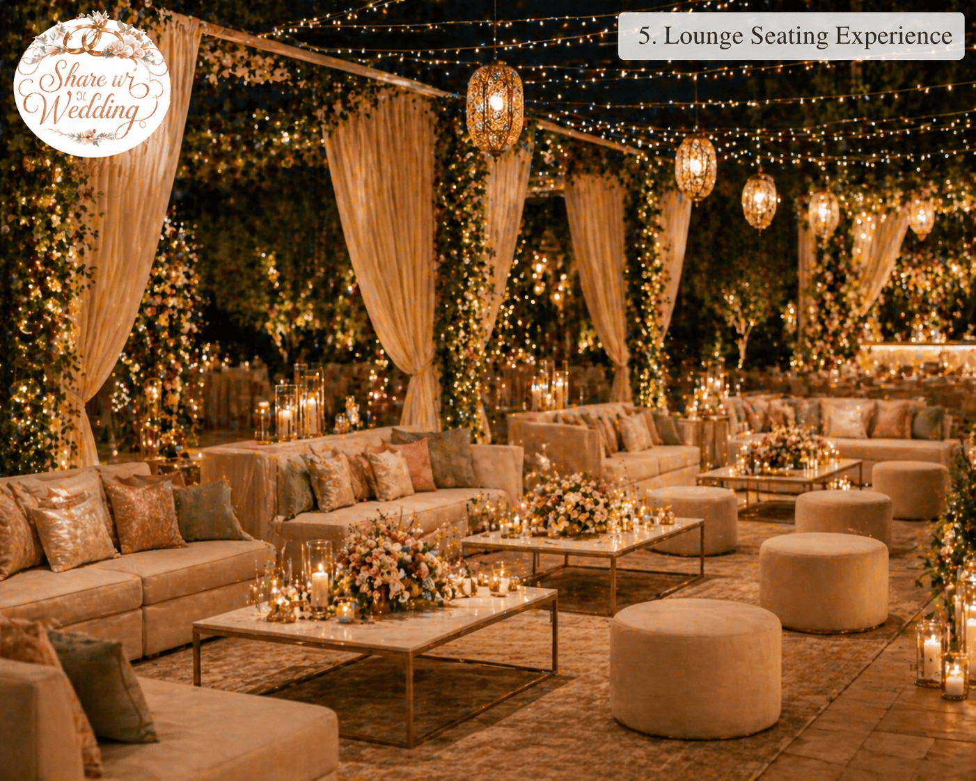 luxury lounge seating wedding setup with plush sofas, elegant cushions, and stylish decor for Indian wedding reception 2026