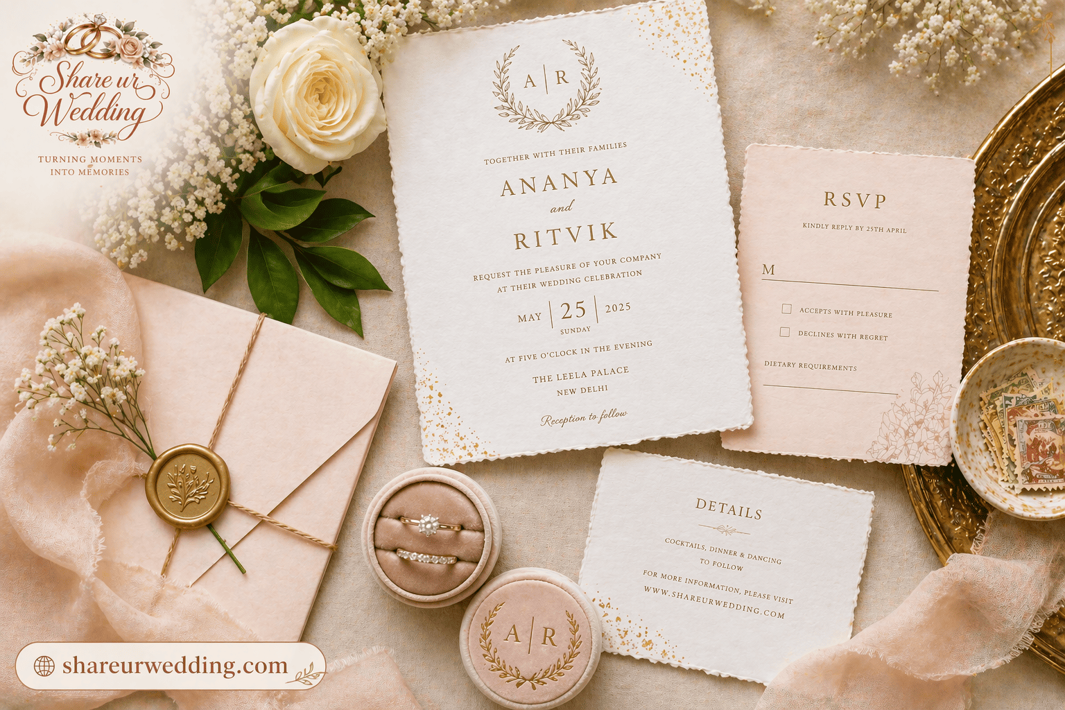 Elegant wedding flat lay with invitation cards, rings, floral details, and luxury stationery setup
