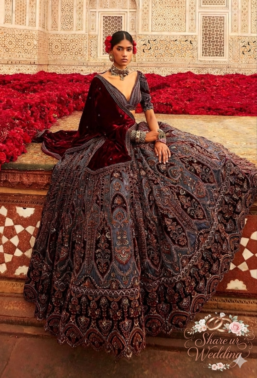 A photo of a luxurious, deep velvet lehenga in an intricate blend of jewel tones: sapphire blue panels with sapphire blue embroidery, flanked by rich burgundy panels. The entire skirt is covered in exquisite, heavily zardozi (gold thread) embroidery and sparkling stone work, featuring ornate paisley and floral motifs. The bride, wearing large clusters of deep emerald and ruby-encrusted necklaces, sits on a decorated stone plinth in a palace courtyard with geometric floor patterns and a grand archway (Jharokha). A rich burgundy velvet dupatta is draped over her. The 'Share ur Wedding' logo is in the bottom right corner.
