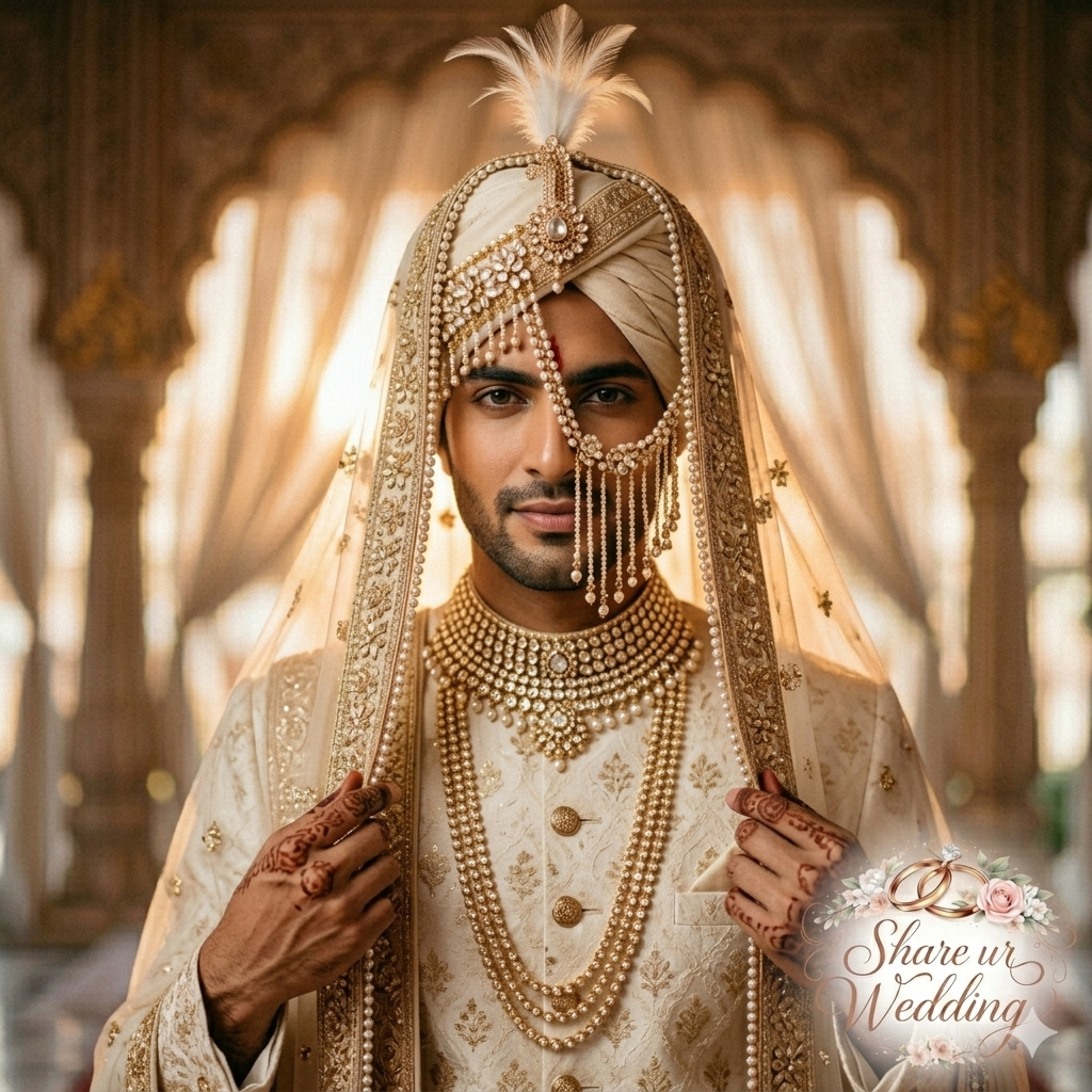 A royal portrait of an Indian groom wearing an ivory sherwani and a traditional turban with a pearl sehra veil. He is looking directly at the camera with a confident expression in a palace setting.