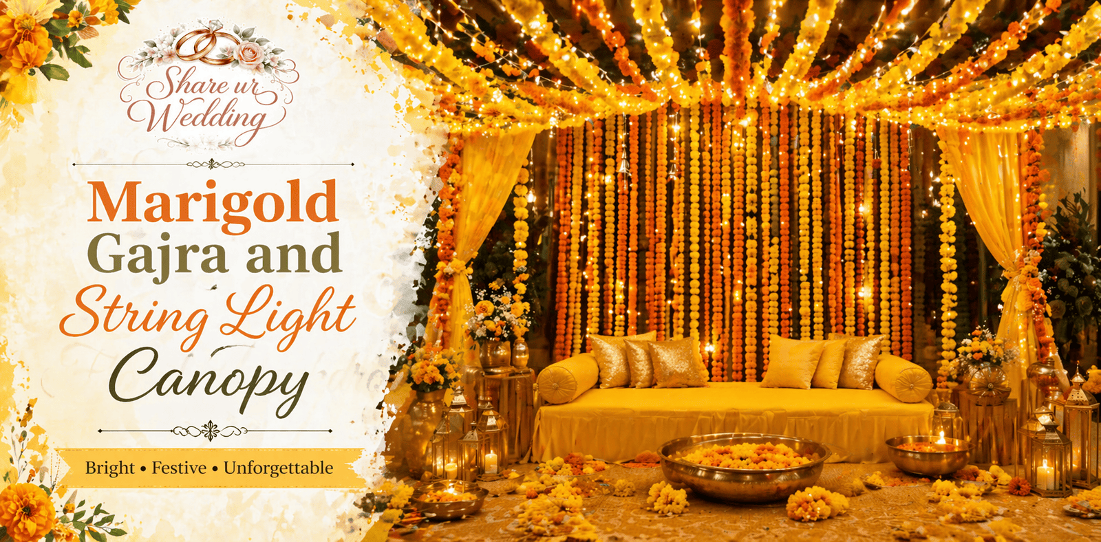Marigold gajra and string light canopy decoration for Haldi ceremony with floral garlands and warm lighting setup