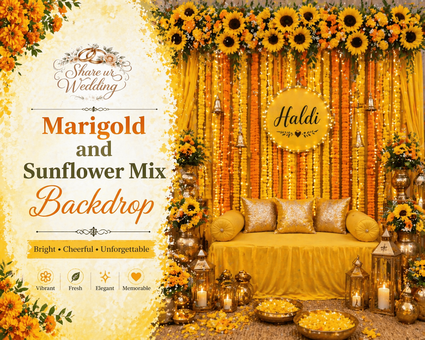 Marigold and sunflower mix backdrop for Haldi ceremony with floral garlands, yellow decor, and elegant seating