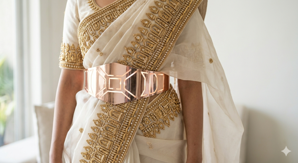 A close-up portrait focusing on the heavy, intricate 3D architectural gold and crystal shield motifs covering a sheer off-white organza saree with a glowing metallic rose-gold corset cincher in a sunlit modern interior.