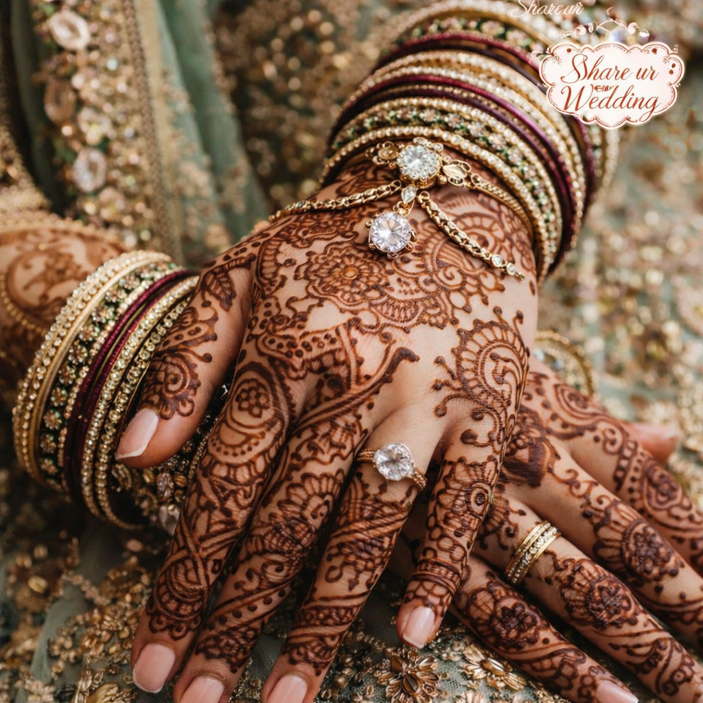Indian bride mehndi hand close-up with intricate henna design, bridal bangles, and diamond ring wedding detail shot