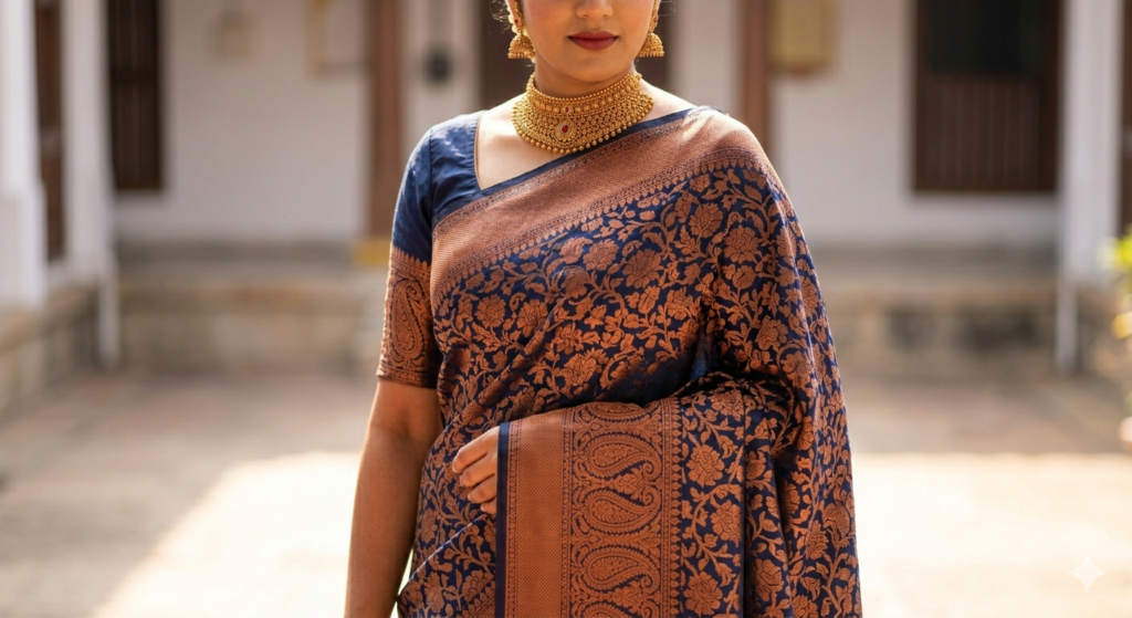 Standing bride wearing a heavy midnight blue Banarasi Brocade silk saree with dense floral jaal and paisley motifs in burnished copper zari.