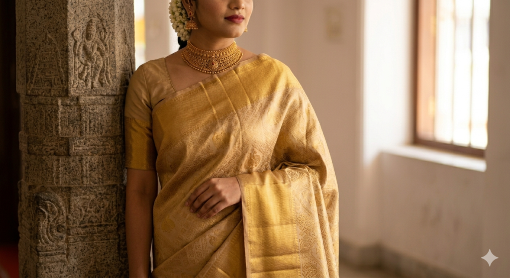A close-up portrait of a bride in a minimalist, borderless Kanchipuram silk saree with a warm golden-beige body and intricate tone-on-tone gold zari pallu.
