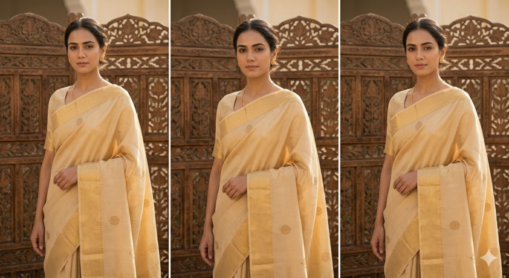 Standing bride wearing an authentic, pure Mysore Silk saree in sophisticated light gold, with a solid gold zari border and pallu featuring minimalist motifs.