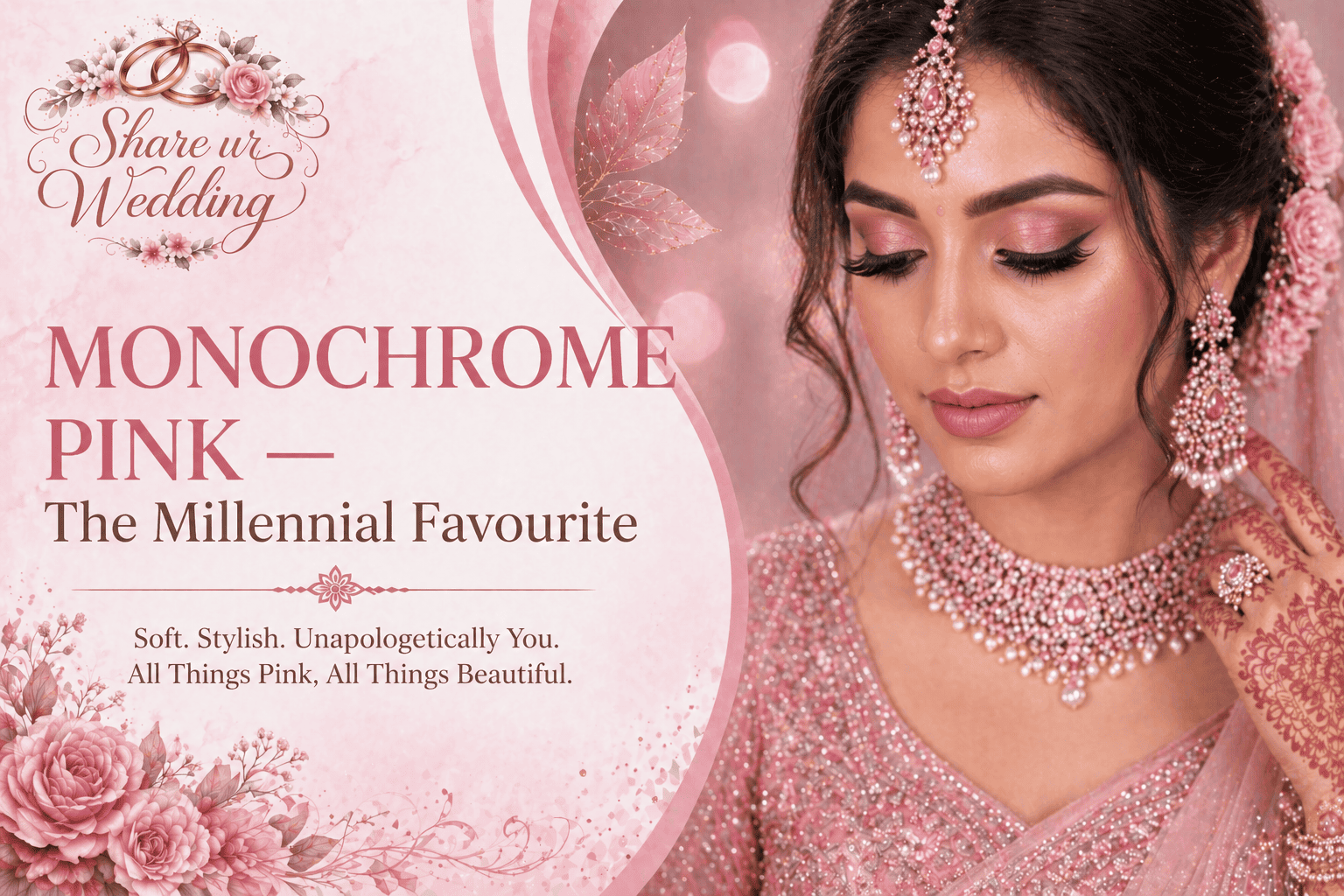 Monochrome pink bridal makeup with matching eyeshadow blush and lips for modern Indian bride