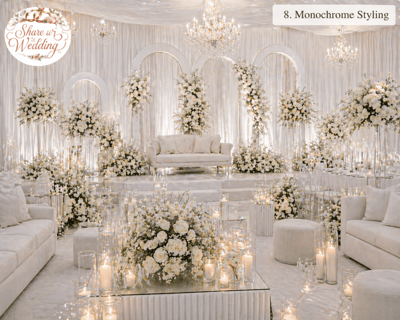 monochrome wedding decor styling in black and white with elegant floral arrangements and modern mandap setup for Indian wedding 2026