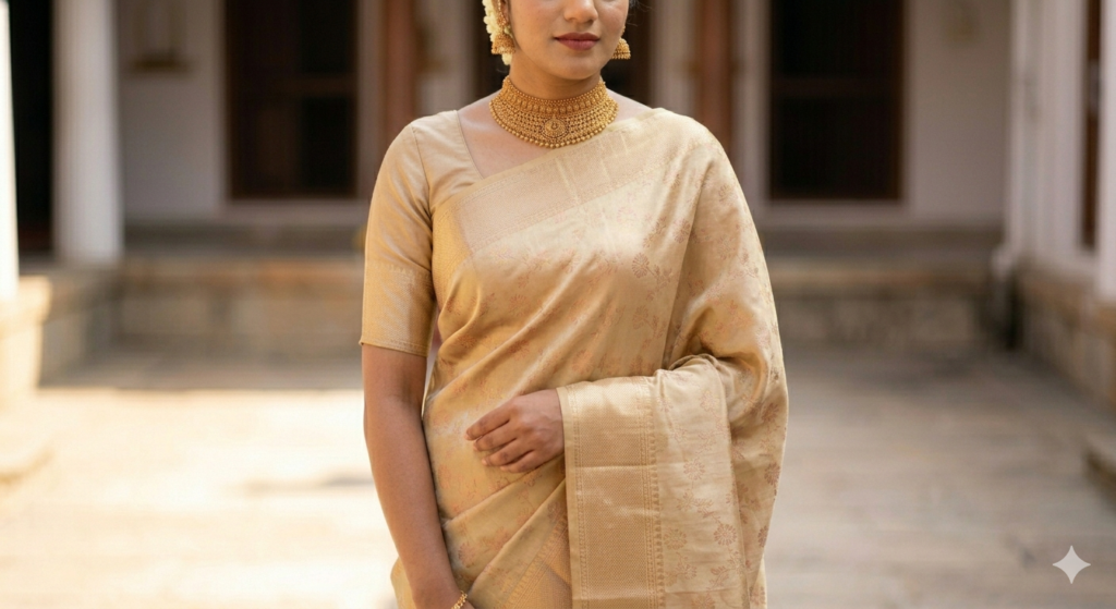 Standing bride wearing a modern champagne gold Banarasi Tanchoi silk saree with an embossed floral and vine jaal created by multi-colored silk threads (no heavy metallic zari).