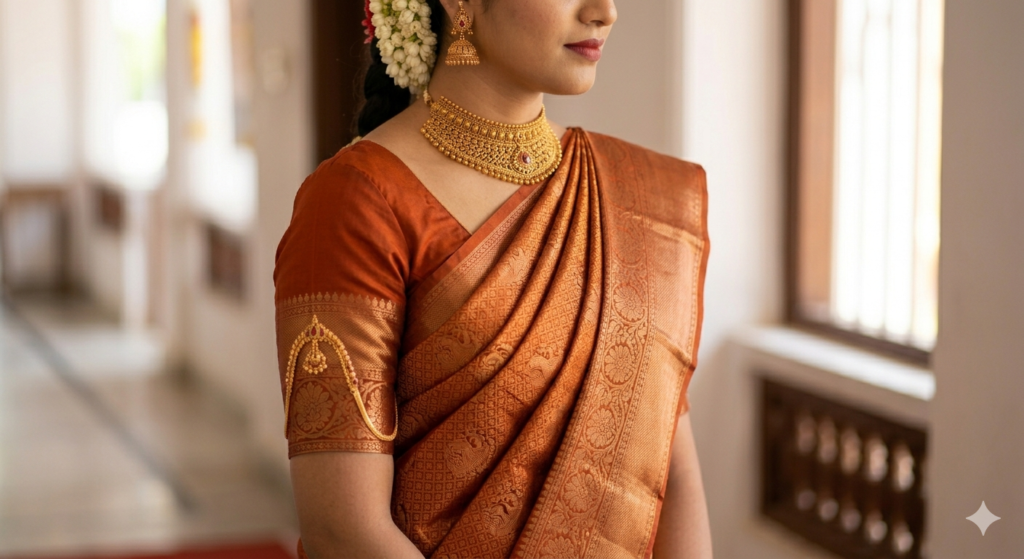 A close-up portrait of a seated bride wearing an antique burnt orange Kanchipuram silk saree with copper zari (zari made of copper thread) and 'Arai Maadam' (half-moon niche) motifs.
