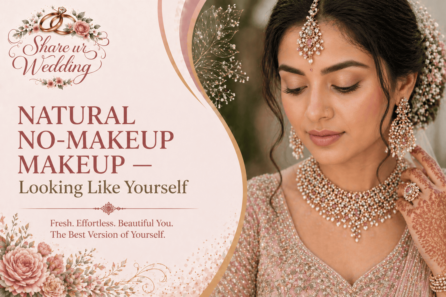 Natural no makeup bridal look with minimal foundation soft glow and subtle features for Indian bride