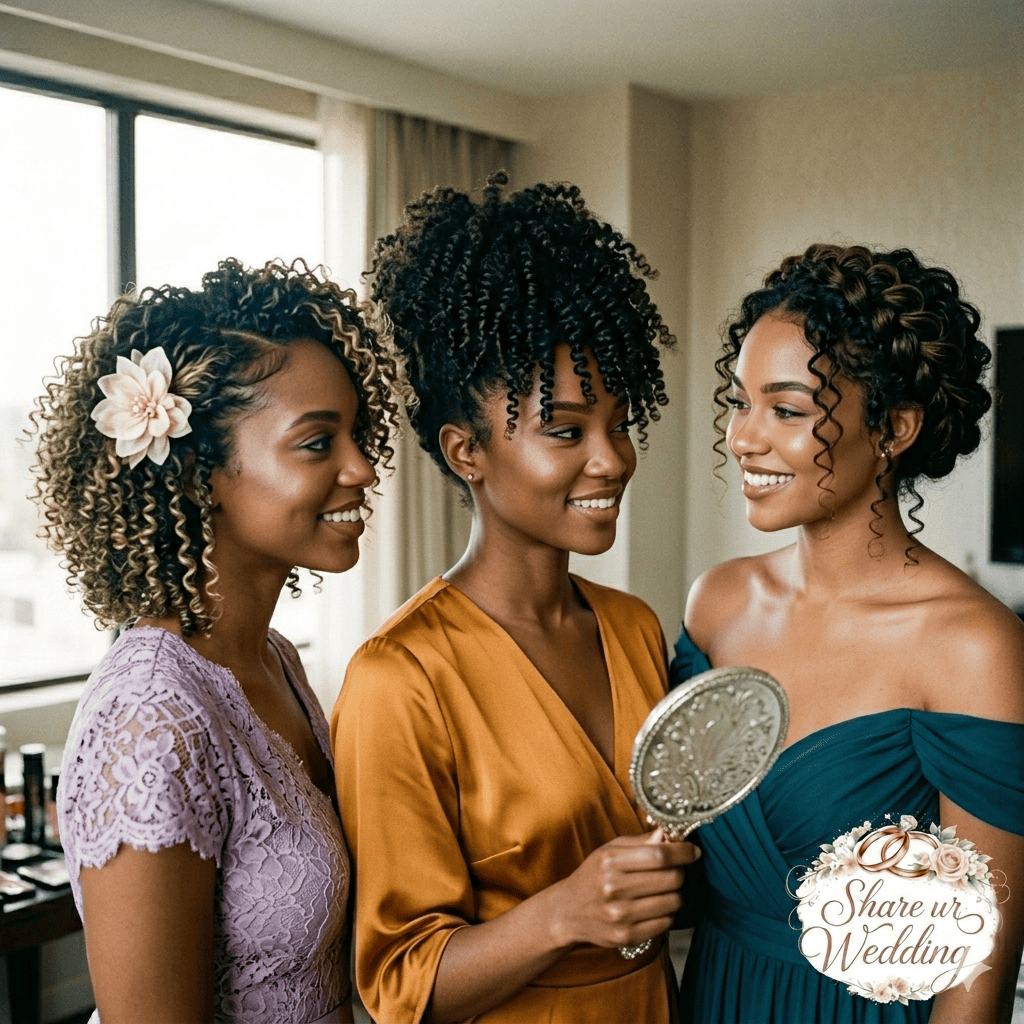 Three women with beautiful natural hair textures showcasing prom styles: a voluminous curly side-part with a floral clip, a high-top pineapple updo with defined coils, and a romantic braided crown with face-framing curls. The 'Share ur Wedding' logo is in the bottom right corner.